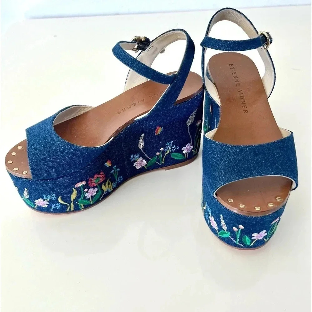 Etienne‎ Aigner Sofhia Floral Embroidered Denim Platform Strappy Shoes Size 6.5